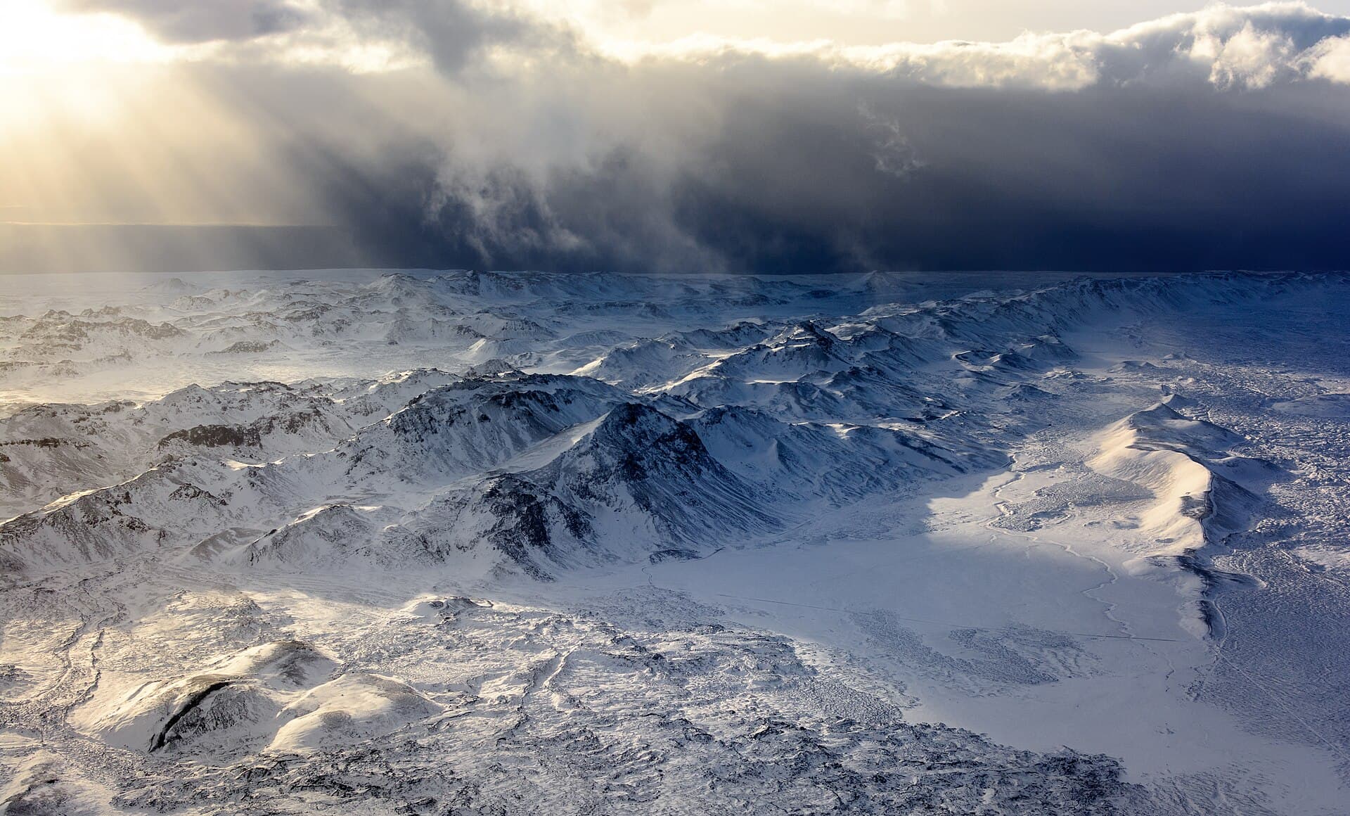 Aerial view of a snow-covered mountain ridge